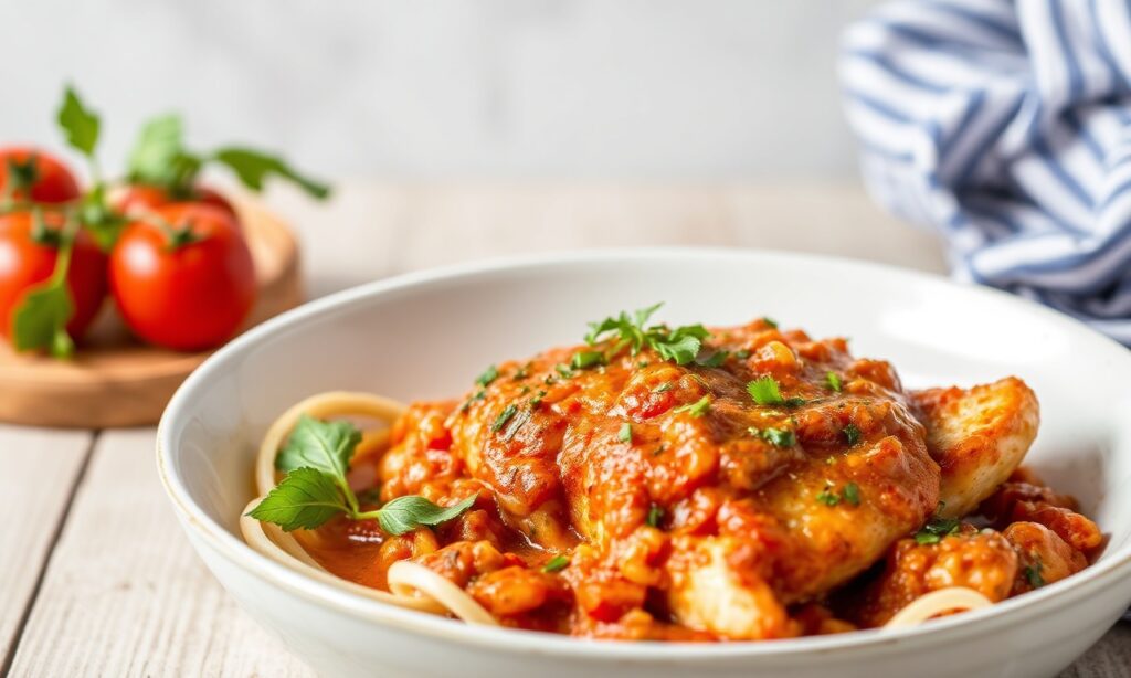 Healthy twist chicken cacciatore recipe for a delicious, classic Italian dish.