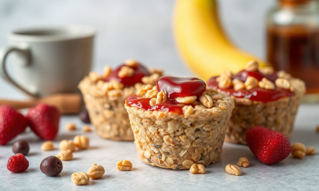 Peanut butter and jelly baked oatmeal cups: a delicious morning treat.