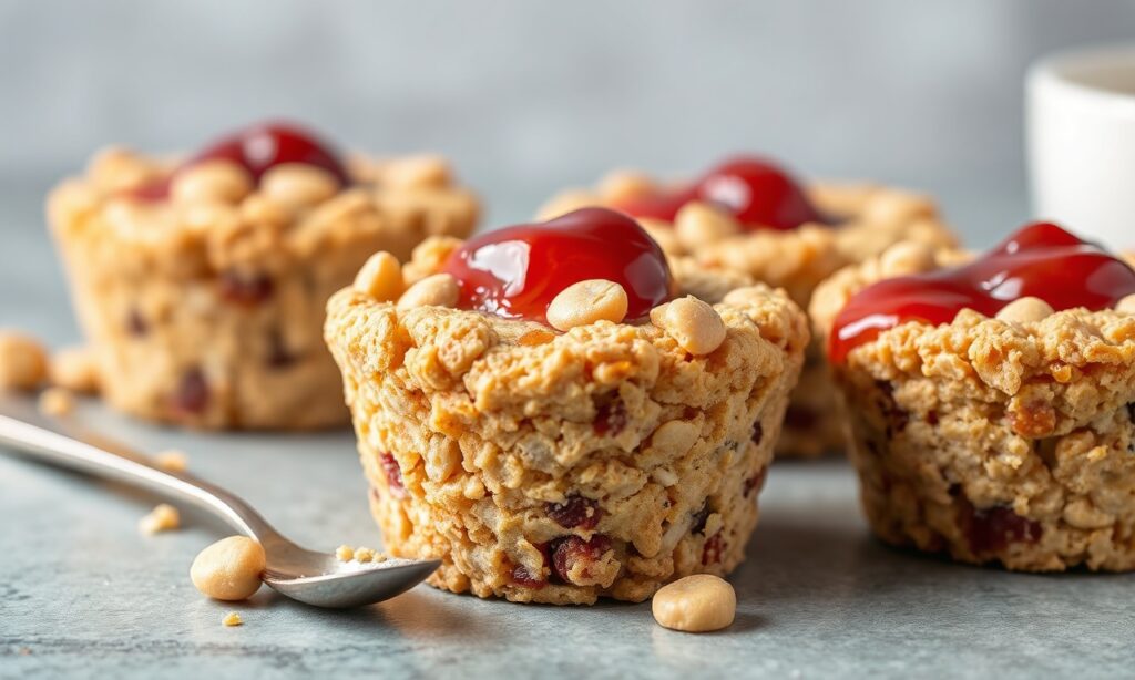 Peanut butter and jelly baked oatmeal cups for a delicious morning.