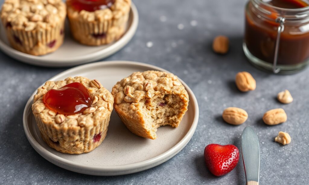 Peanut butter and jelly baked oatmeal cups for a delicious morning.