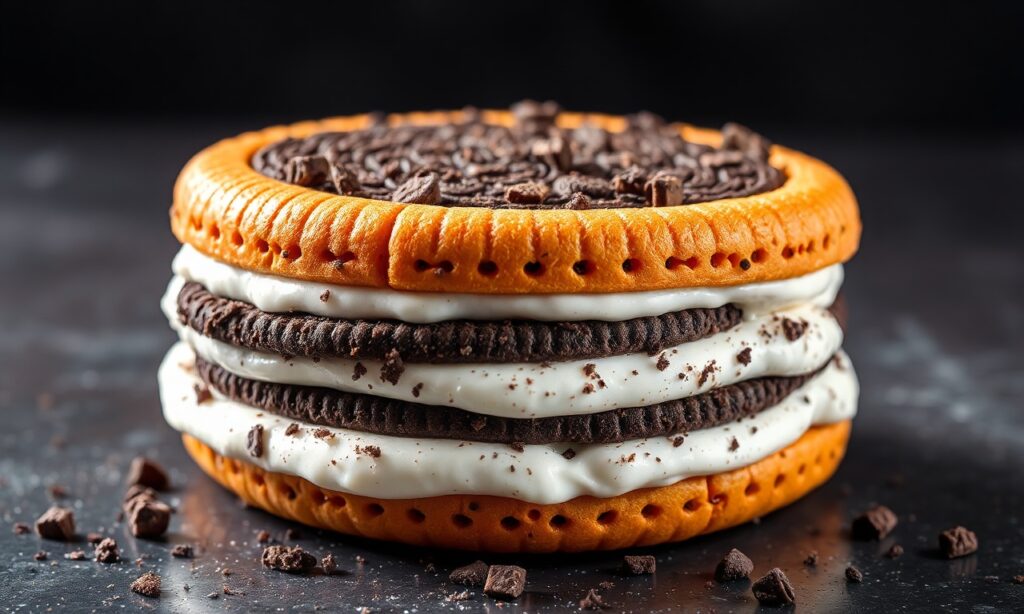 Delicious Oreo ice cream sandwich blend of cookies and cream.