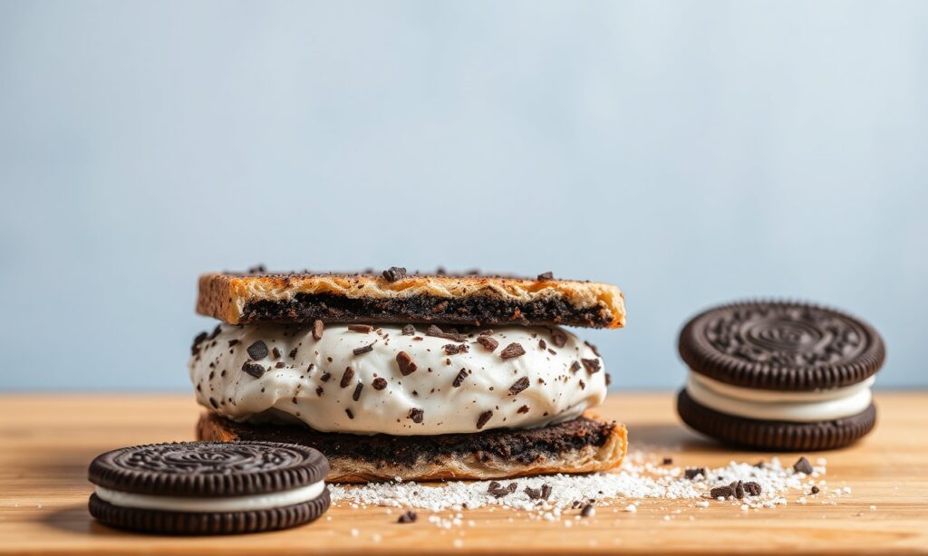 Delicious Oreo ice cream sandwich, a perfect blend of Oreo and cream.