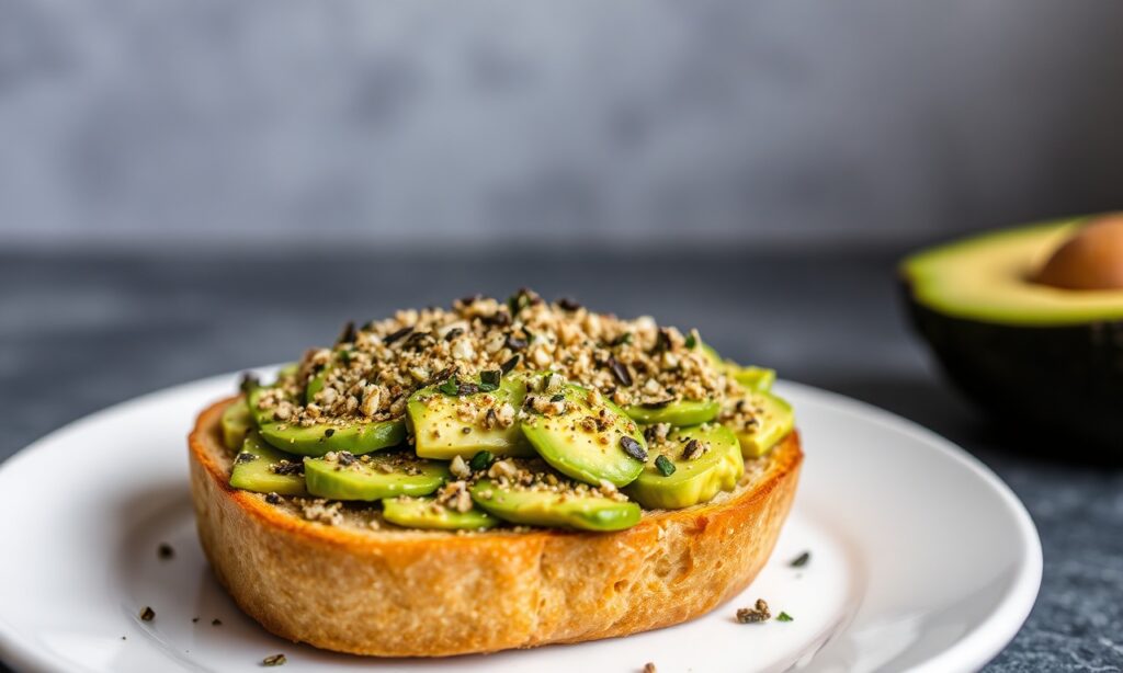Avocado toast with everything bagel seasoning: a crunchy, flavorful twist.