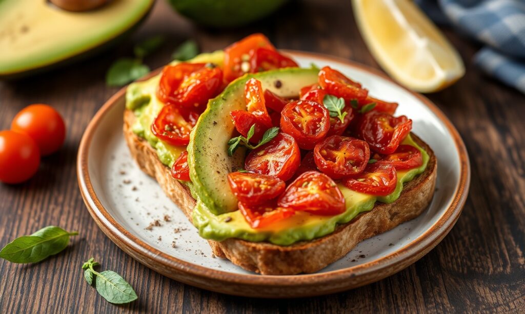 Sun-dried tomato avocado toast: a flavorful, irresistible sun-kissed twist.