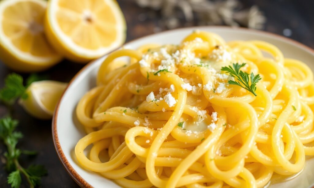 Zesty lemon butter garlic pasta sauce glistening on a plate.