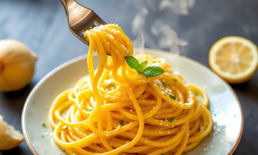 Zesty lemon butter garlic pasta sauce glistening on a plate.