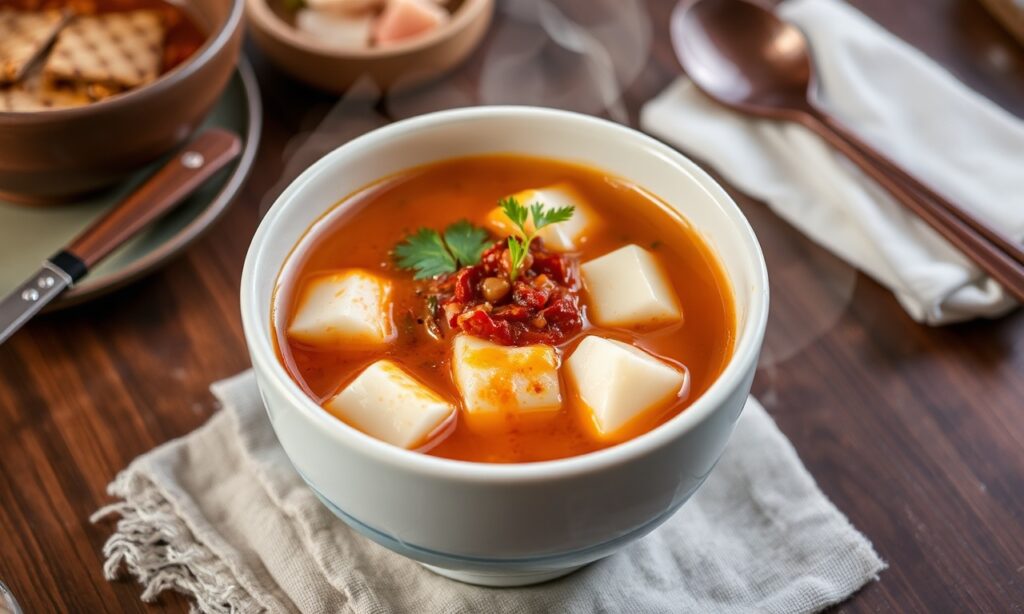Savoring Sundubu jjigae: Steaming Korean comfort food in a bowl.