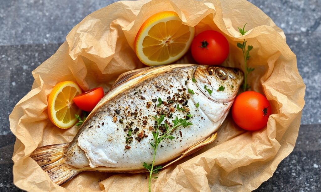 Savor Mediterranean fish en papillote: tender seafood sealed with herbs.