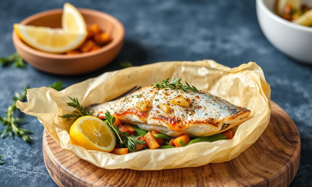 Savor Mediterranean fish en papillote: tender seafood sealed with herbs.