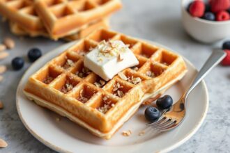 Fluffy vegan almond flour waffles, nutritious morning treat.