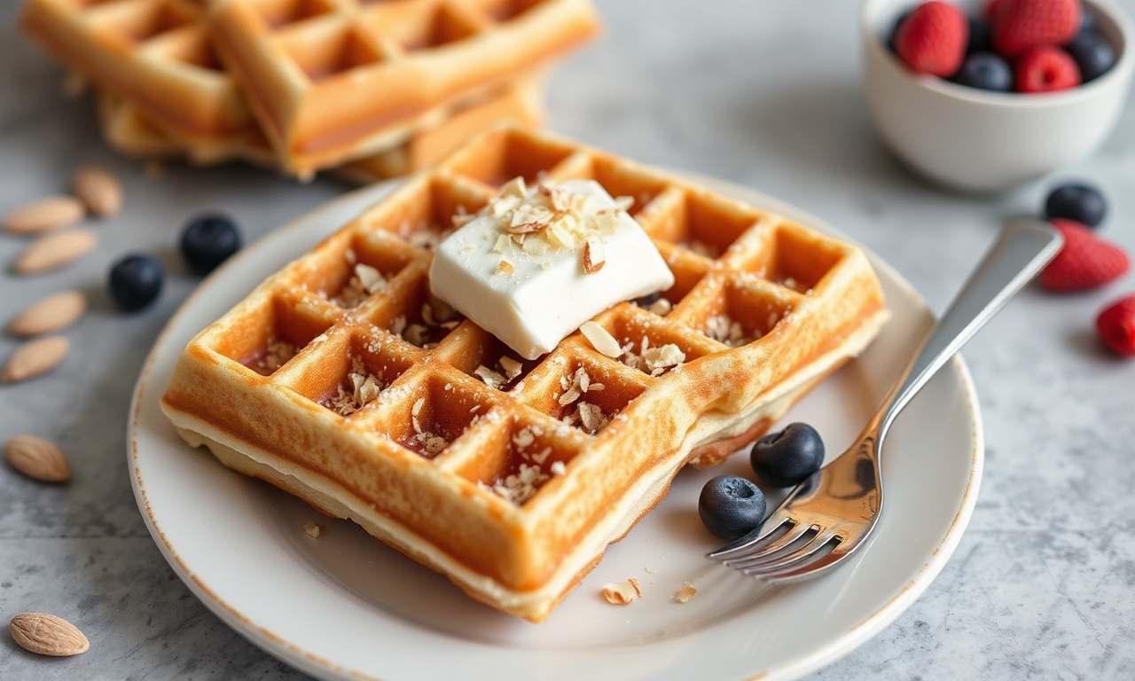 Fluffy vegan almond flour waffles, nutritious morning treat.