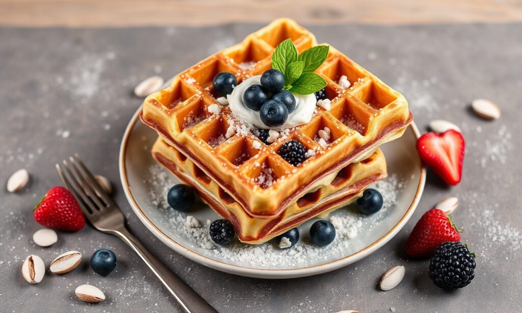 Fluffy vegan waffles: golden, irresistible, nutritious morning treat.