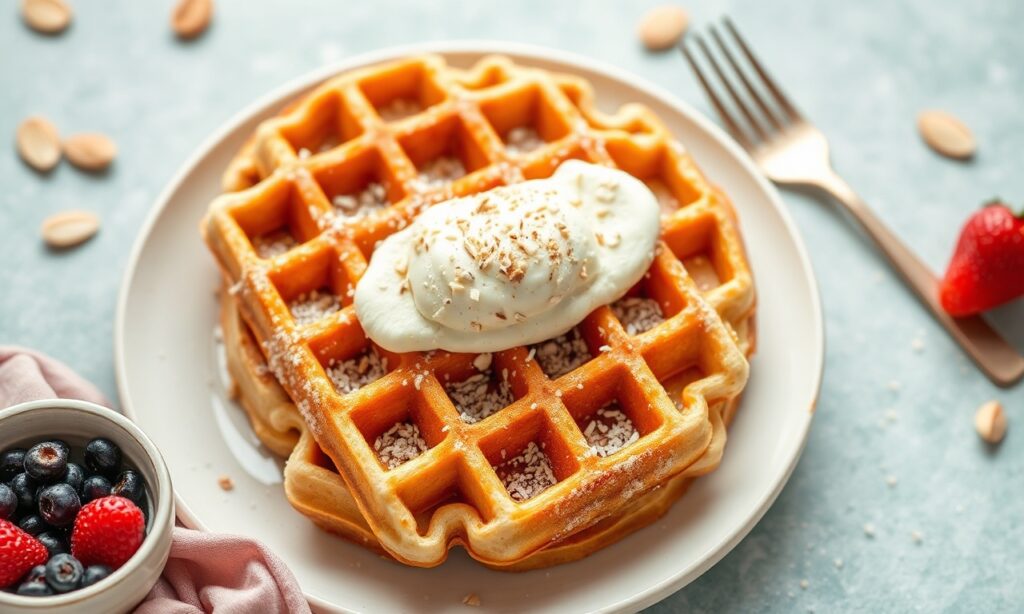 Fluffy vegan waffles: golden, irresistible, nutritious morning treat.