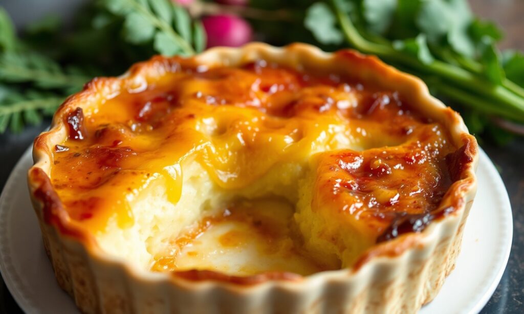 Sweet meets earthy turnip clafoutis with caramelized sugar.