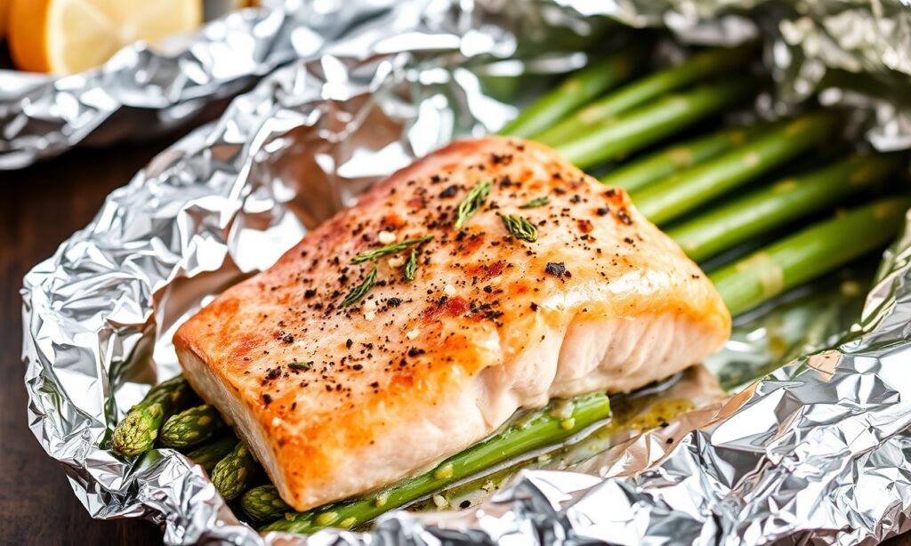 Easy salmon asparagus foil packets: a gourmet meal.