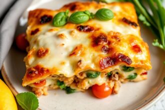 Cheesy vegetable breakfast strata for a savory morning delight.