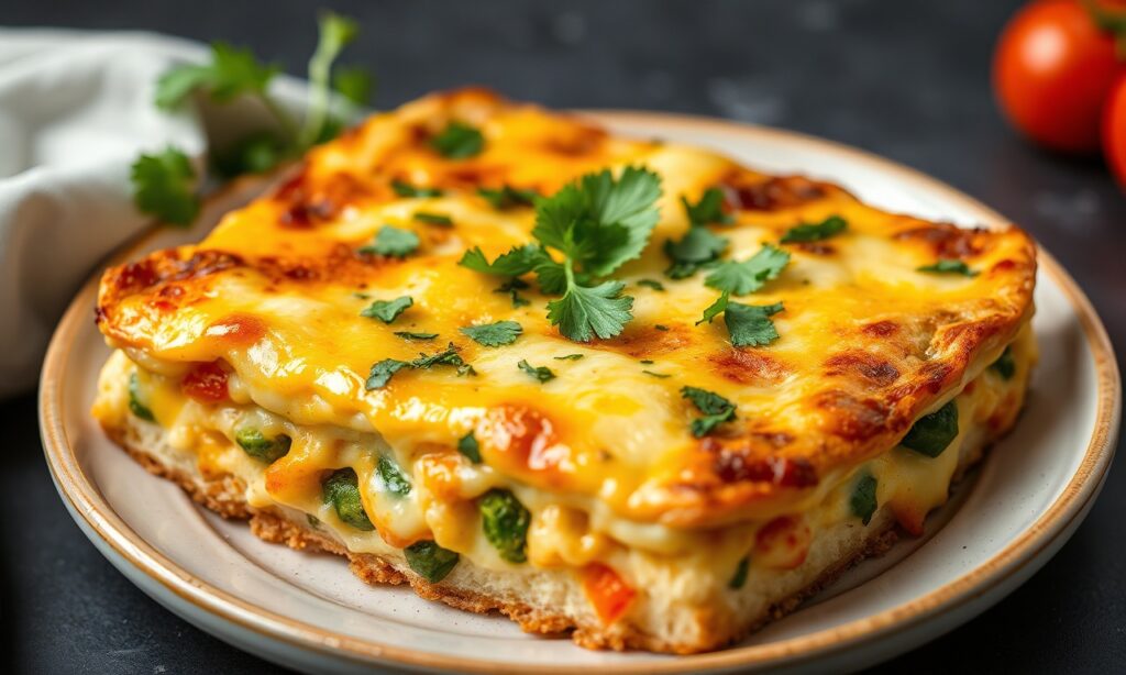 Cheesy vegetable breakfast strata: savory morning delight.