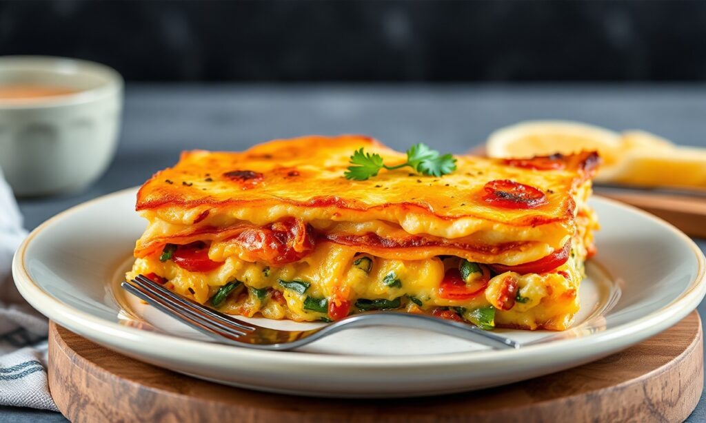 Cheesy vegetable strata: A delicious, savory breakfast delight.