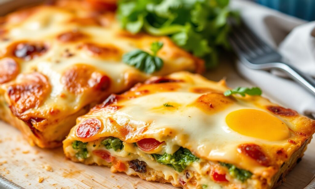 Cheesy vegetable strata: A delicious, savory breakfast delight.