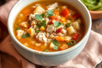 Hearty chicken and wild rice soup: a comforting, warm bowl.