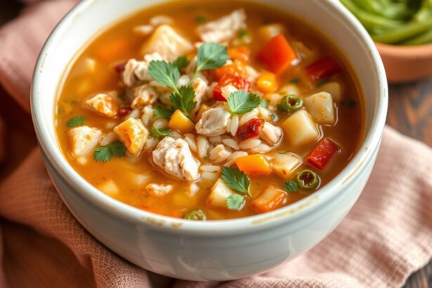 Hearty chicken and wild rice soup: a comforting, warm bowl.