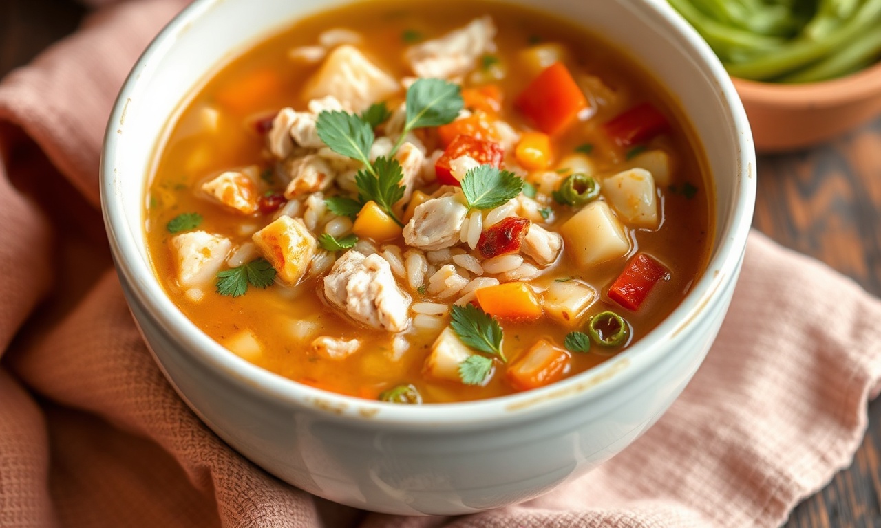 Hearty chicken and wild rice soup: a comforting, warm bowl.