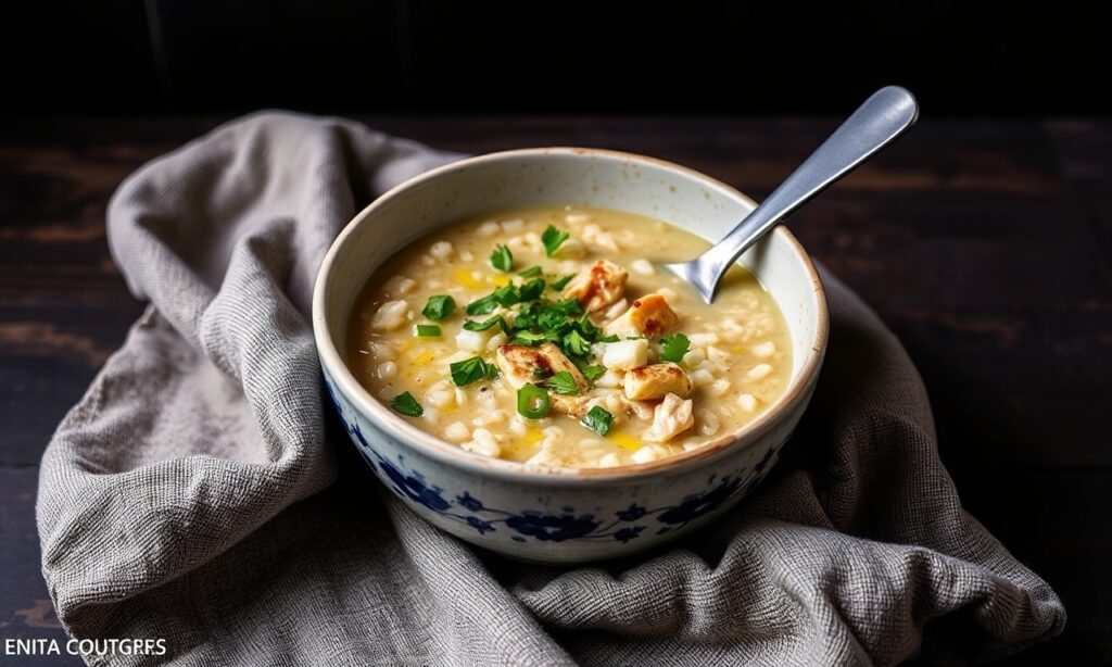 Hearty chicken and wild rice soup, a comforting bowl.