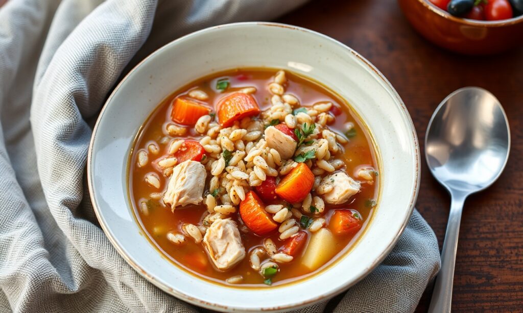 Hearty chicken and wild rice soup, comforting and delicious.