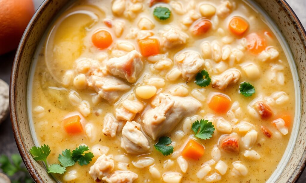 Hearty chicken and wild rice soup, comforting and delicious.