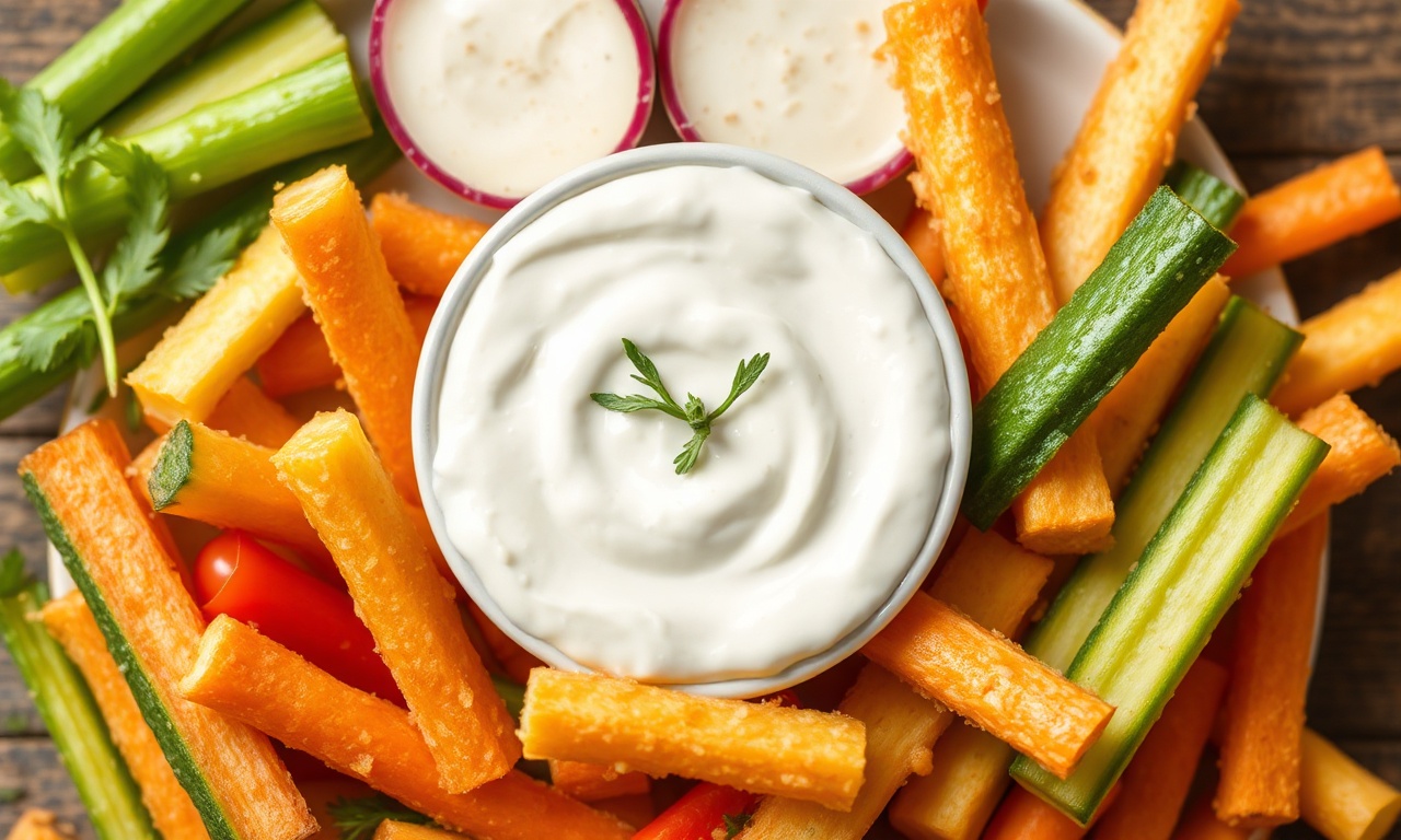 Crunchy veggie sticks with creamy ranch dip delight.