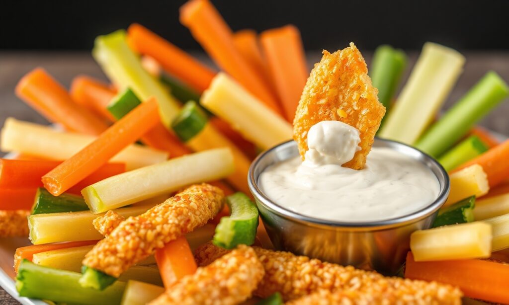 Crunchy veggie sticks with creamy ranch dip, a delightful snack.