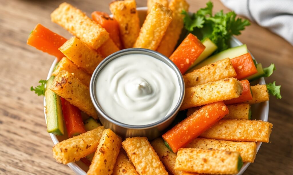 Crunchy veggie sticks with creamy ranch dip delight.