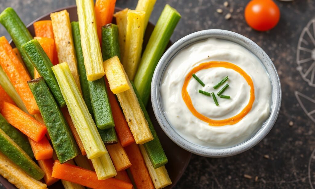 Crunchy veggie sticks with creamy ranch dip delight.