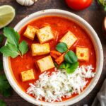 Vibrant Thai red curry with tofu and garden vegetables.