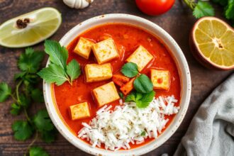 Vibrant Thai red curry with tofu and garden vegetables.