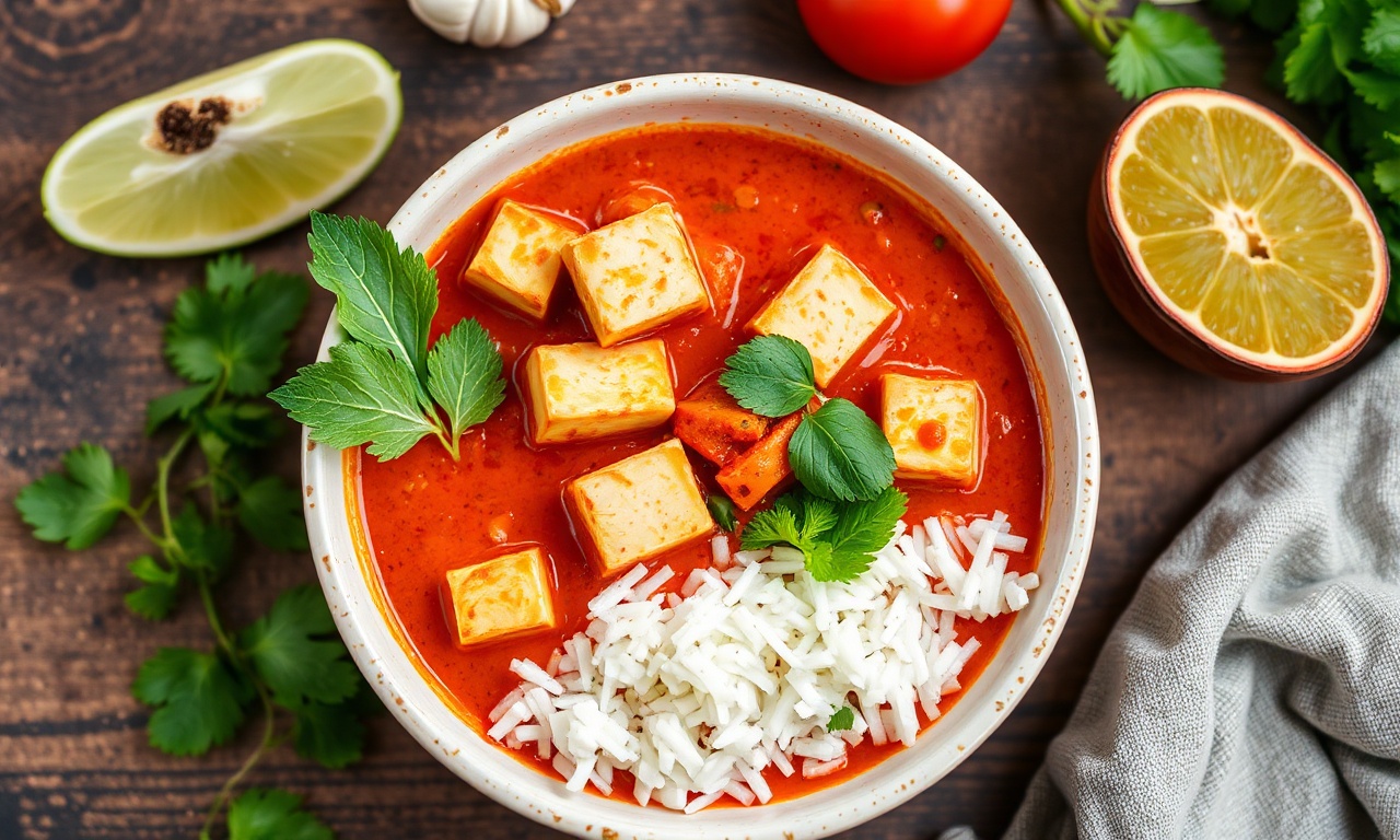 Vibrant Thai red curry with tofu and garden vegetables.