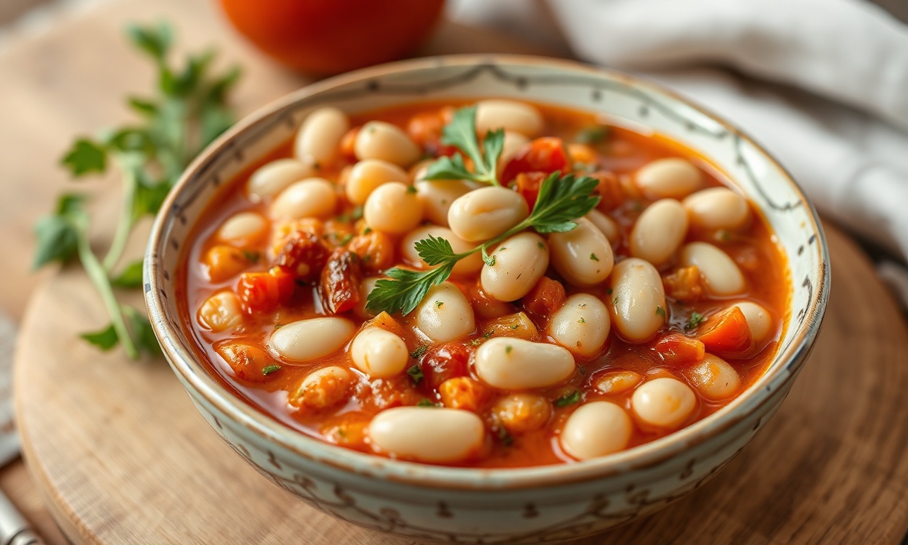 Hearty wholesome white beans simmered in rich tomato herb sauce.