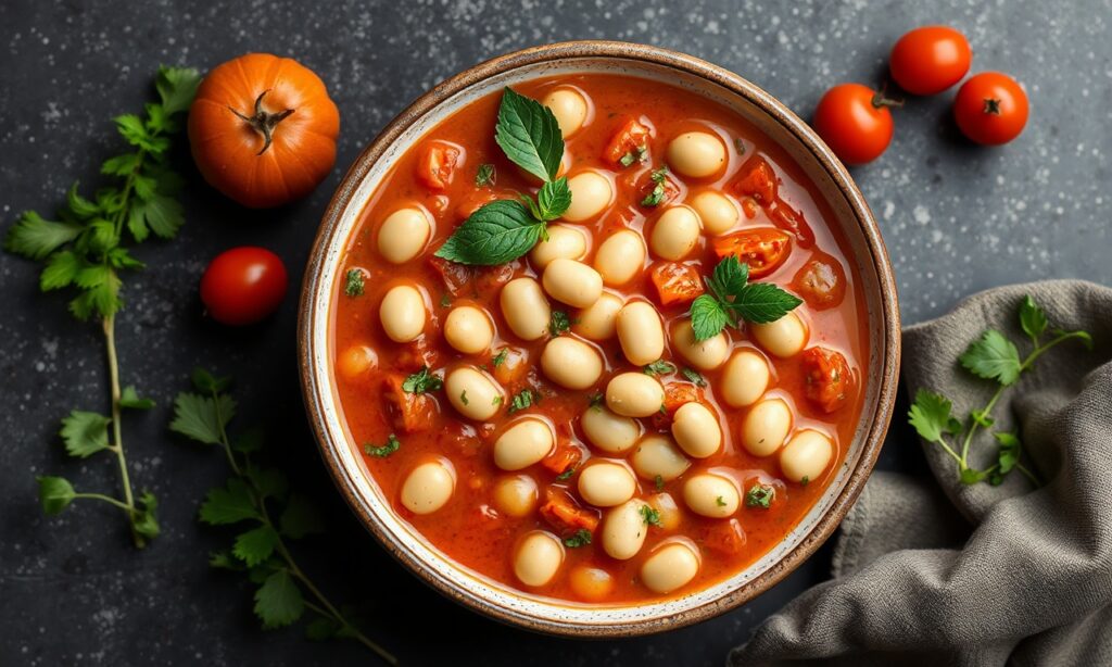 Hearty wholesome white beans in rich tomato herb sauce.