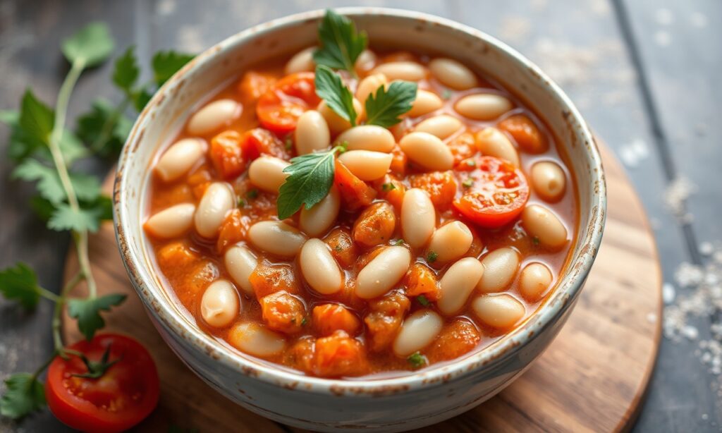 Hearty wholesome white beans simmered in rich tomato herb sauce.