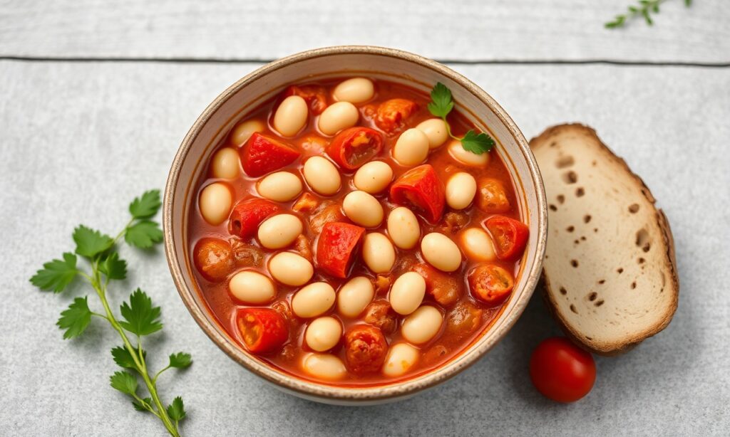 Hearty wholesome white beans simmered in rich tomato herb sauce.