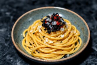 Dive luxury: Squid ink pasta, caviar delight, opulent seafood.