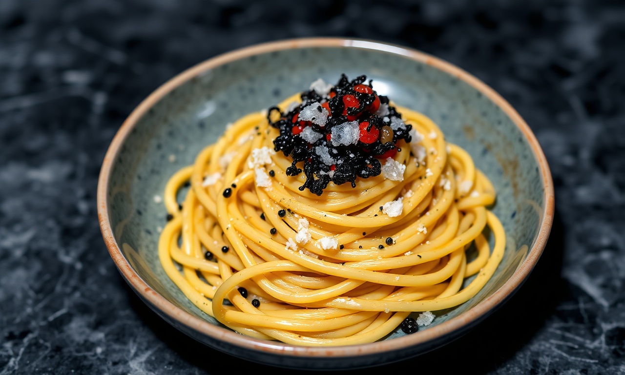Dive luxury: Squid ink pasta, caviar delight, opulent seafood.