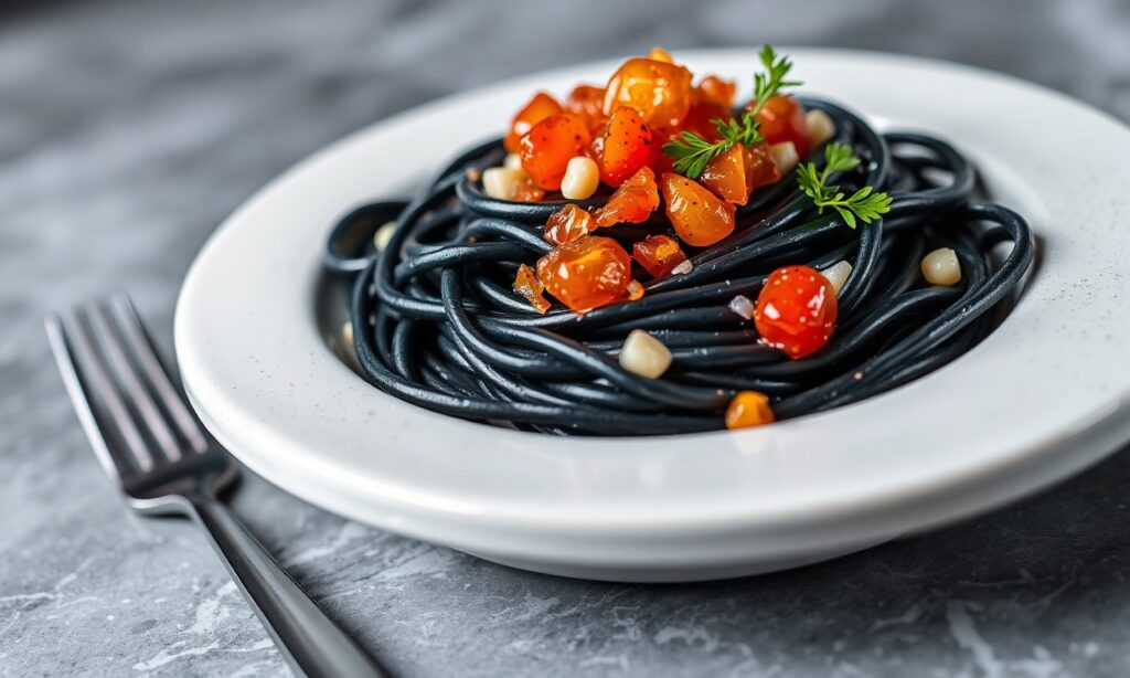 Dive Luxury: Squid ink pasta, caviar delight, elegant seafood meal.