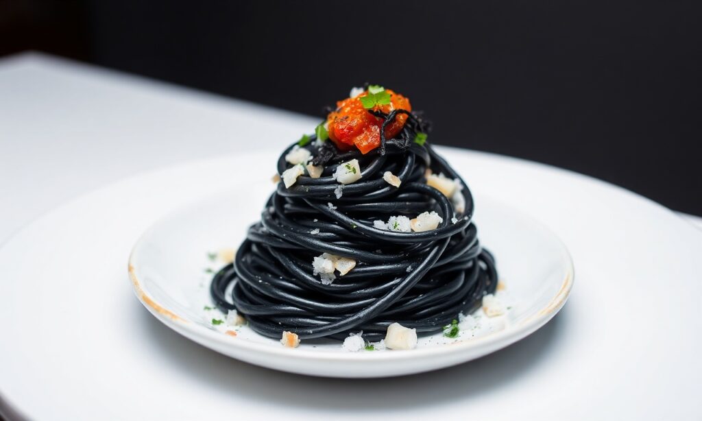 Dive Luxury: squid ink pasta, caviar, gourmet seafood delight.