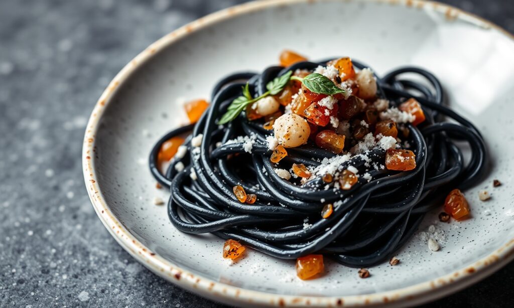 Dive Luxury: squid ink pasta, caviar, gourmet seafood delight.