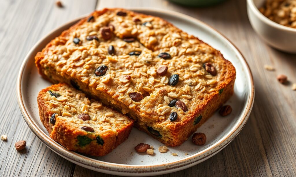 Invigorating hearty zucchini bread baked oatmeal for a healthy morning boost.