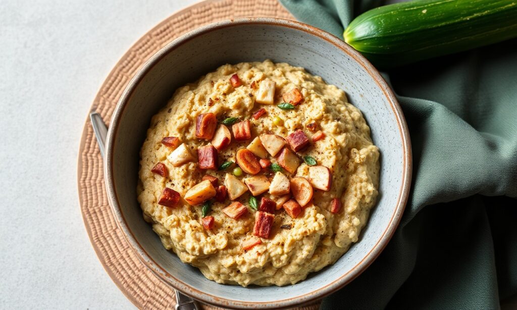 Invigorating hearty zucchini bread baked oatmeal: a comforting morning boost.