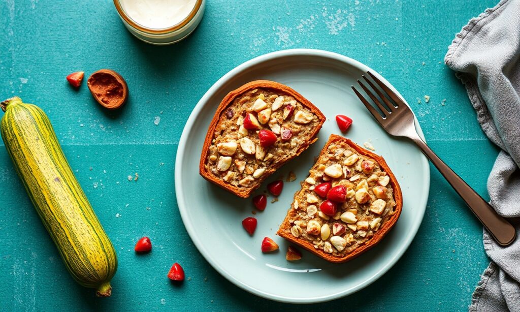 Invigorating hearty zucchini bread baked oatmeal: a comforting morning boost.