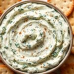 Creamy spinach artichoke dip ready to serve with crackers.