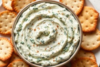 Creamy spinach artichoke dip ready to serve with crackers.